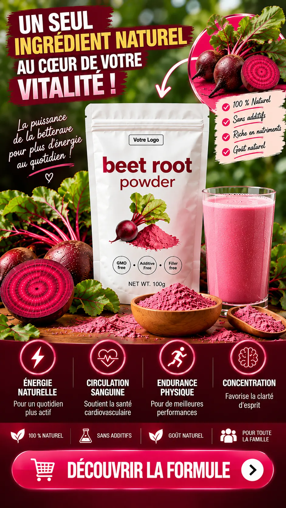 Poudre de betterave, un seul ingrédient naturel